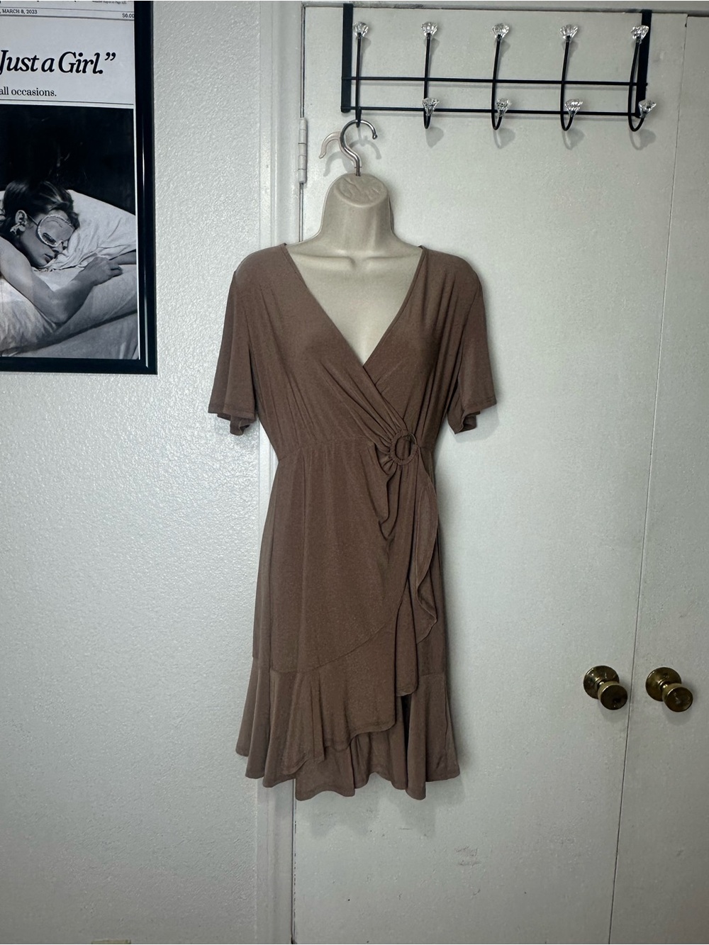 Gilli Brown Wrap Mini Dress with Ruffle Hem